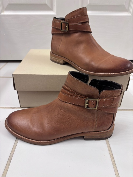 Clarks Shoes - Clarks Tan Leather Ankle Booties with Buckle Strap